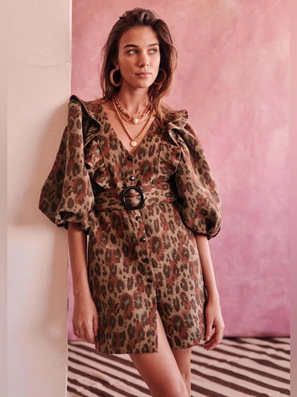 Sezane Lia Dress Jacquard Leopard Bordeaux Belted Mini Ruffle FR 34 US 2